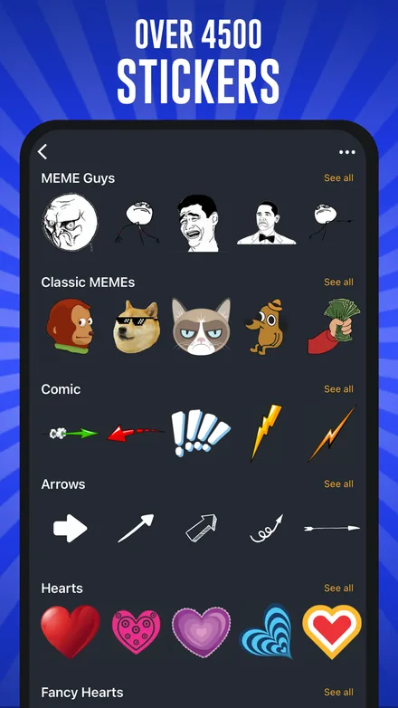 Sticker library with meme and comic categories